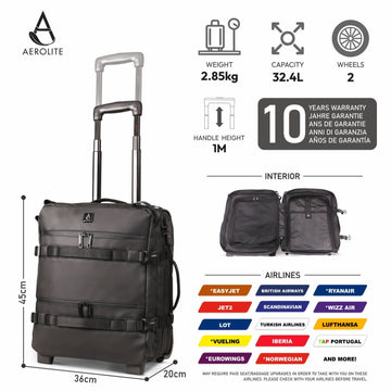 Aerolite Waterproof 45x36x20cm Easyjet Underseat Cabin Bag – 32L Travel Trolley with 2 Wheels, TSA Lock & 15.6” Laptop Compartment – Easyjet Maximum Size Hand Luggage - Black